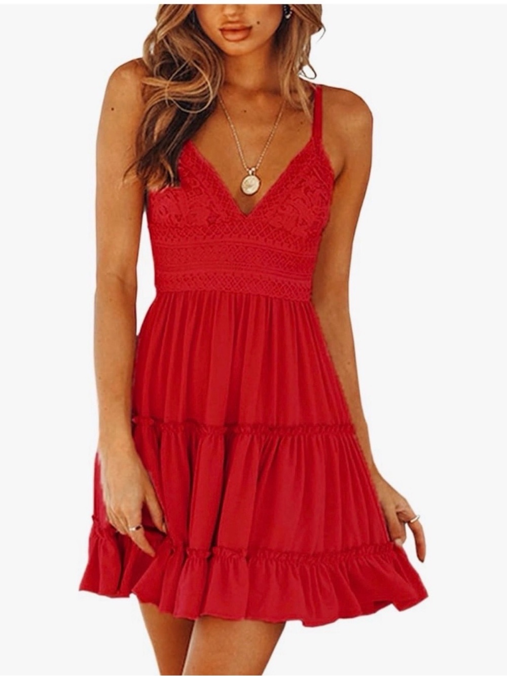 Women’s Red Lace Bodice Tiered Mini Dress